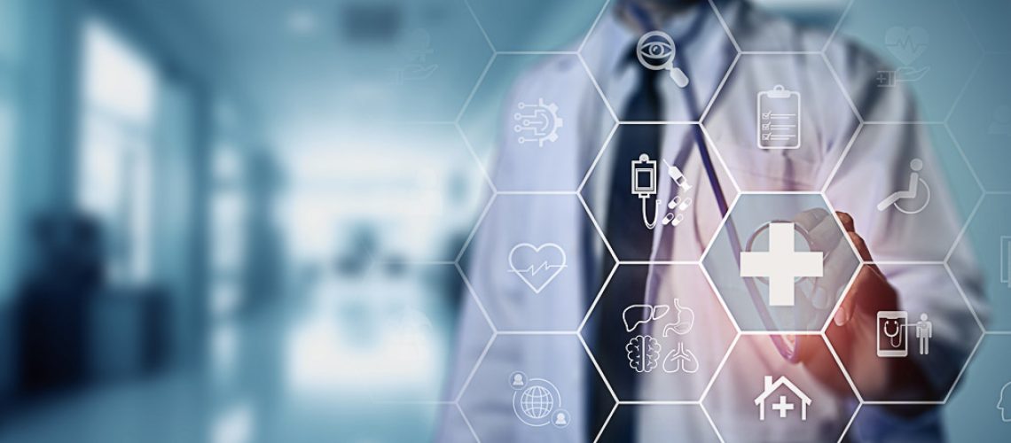 Annual health check, health insurance and medical healthcare. Medical, health and disease concept. Time for medical check up. Touching on medical cross sign with smart background, copy space.